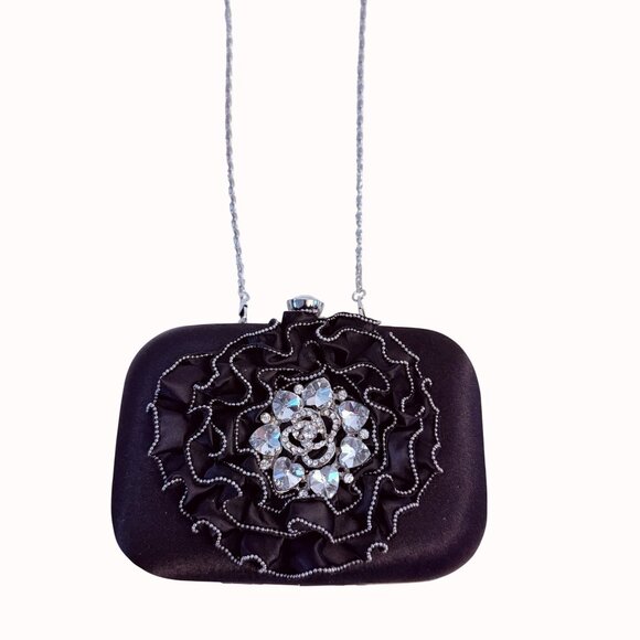 Charming Charlie Black Satin Clutch Purse Rhinestone Evening Bag Hard Case Ruffl - Picture 2 of 15